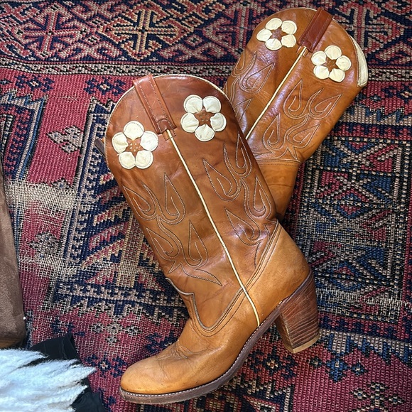 Vintage 70s RARE Acme floral and leaf Heeled Western mid calf boot sz 8.5 - Picture 9 of 16